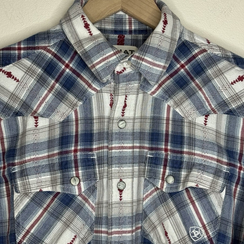Ariat Retro Fit Button Up Pearl Snap Shirt Long Sleeve Plaid Men's Small Blue